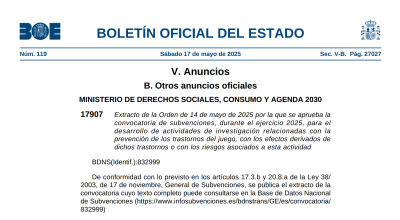 Publicada la convocatoria de subvenciones para investigar los trastornos derivados de la actividad de juego en 2025